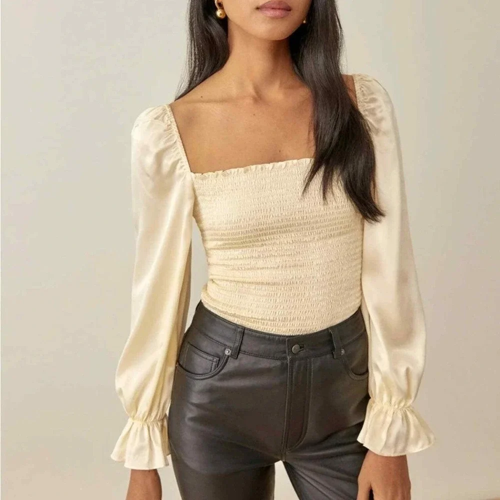 Reformation | Chamomile 100% Silk Smocked Satin Long Sleeve Top in Custard